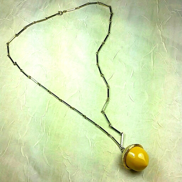 Vintage 80s Long Acorn Pendant Necklace Ceramic Porcelain Gold Estate Statement - Picture 2 of 3